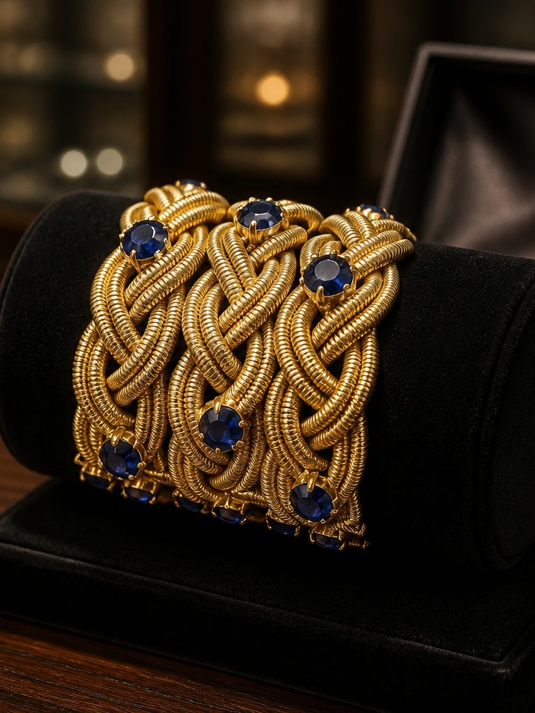 Catwalk Jon Statement Woven Gold Cuff Bracelet Safire Blue Gems Nwt